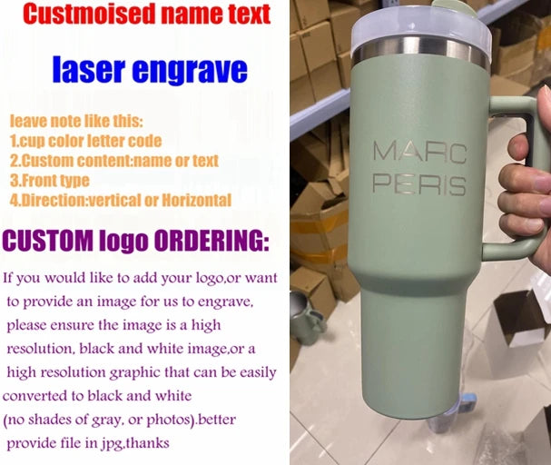 Custom name text logo  laser engraved 2024 All Size 30oz 40oz Tumbler with Handle Stainless Steel Thermos Iced Travel Mug